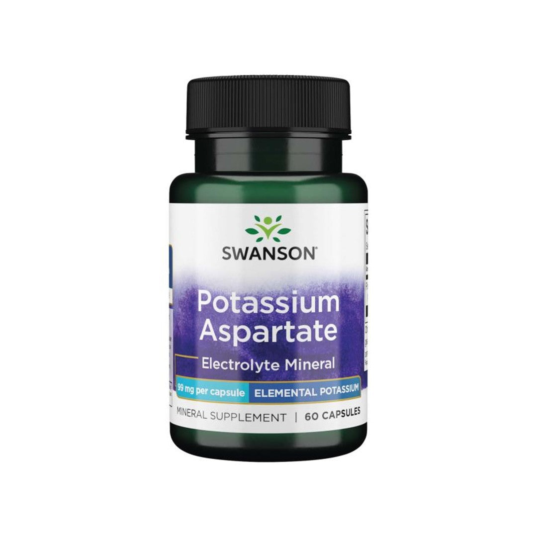 Un frasco de suplemento dietético de Swanson's Aspartato de Potasio - 99 mg 90 cápsulas.