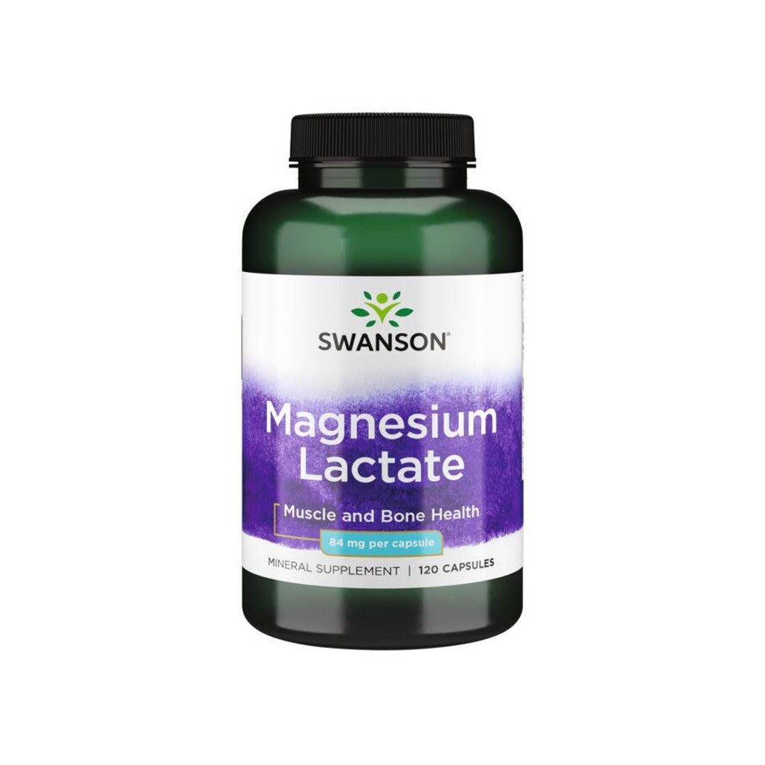 Un frasco de Swanson Lactato de Magnesio - 84 mg 120 cápsulas.
