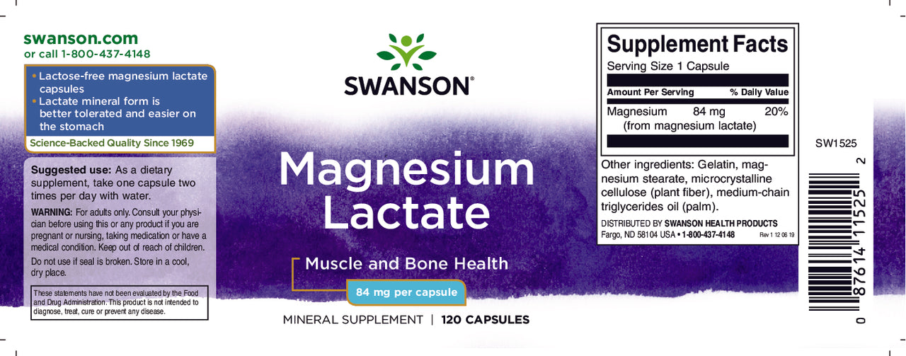 Swanson'Lactato de Magnesio - 84 mg Etiqueta de 120 cápsulas.