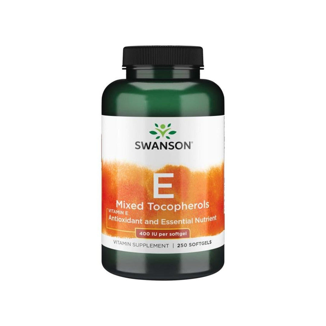 Un frasco de Swanson Vitamina E - 400 UI 250 softgel Mezcla de tocoferoles, que proporciona apoyo antioxidante para la salud cardiovascular.