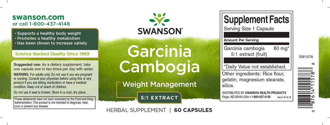 Swanson Extracto de Garcinia Cambogia 5:1 - Suplemento para perder peso en 60 cápsulas.