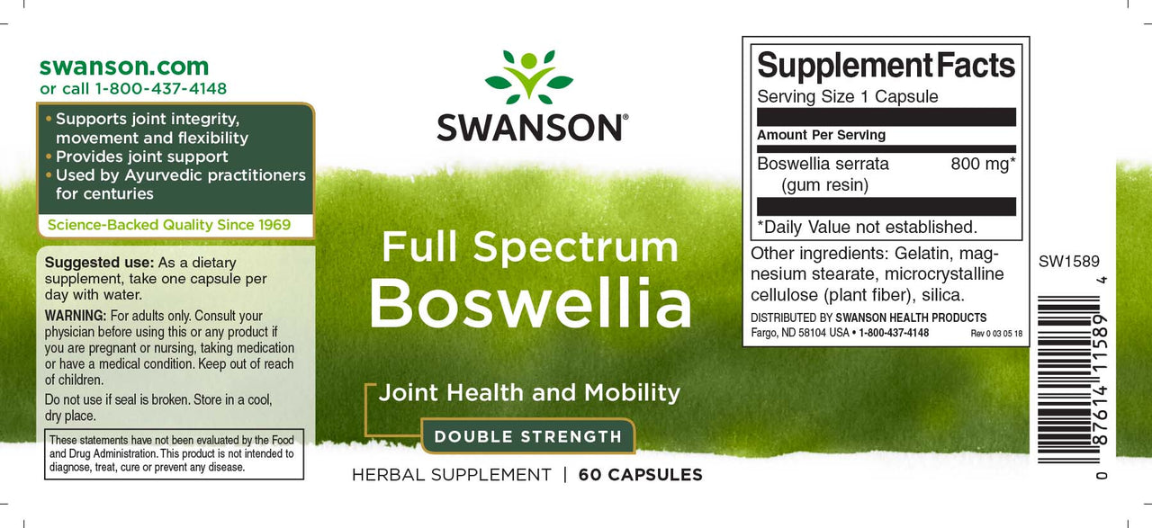 Swanson Boswellia - 800 mg 60 cápsulas suplemento dietético.