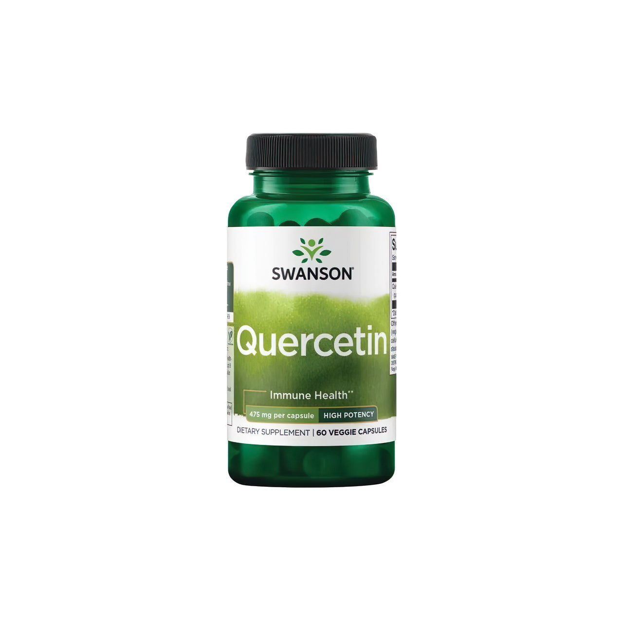 Un frasco de Swanson Quercetina 475 mg 60 vcaps, un potente antioxidante para el sistema inmunitario, sobre fondo blanco.