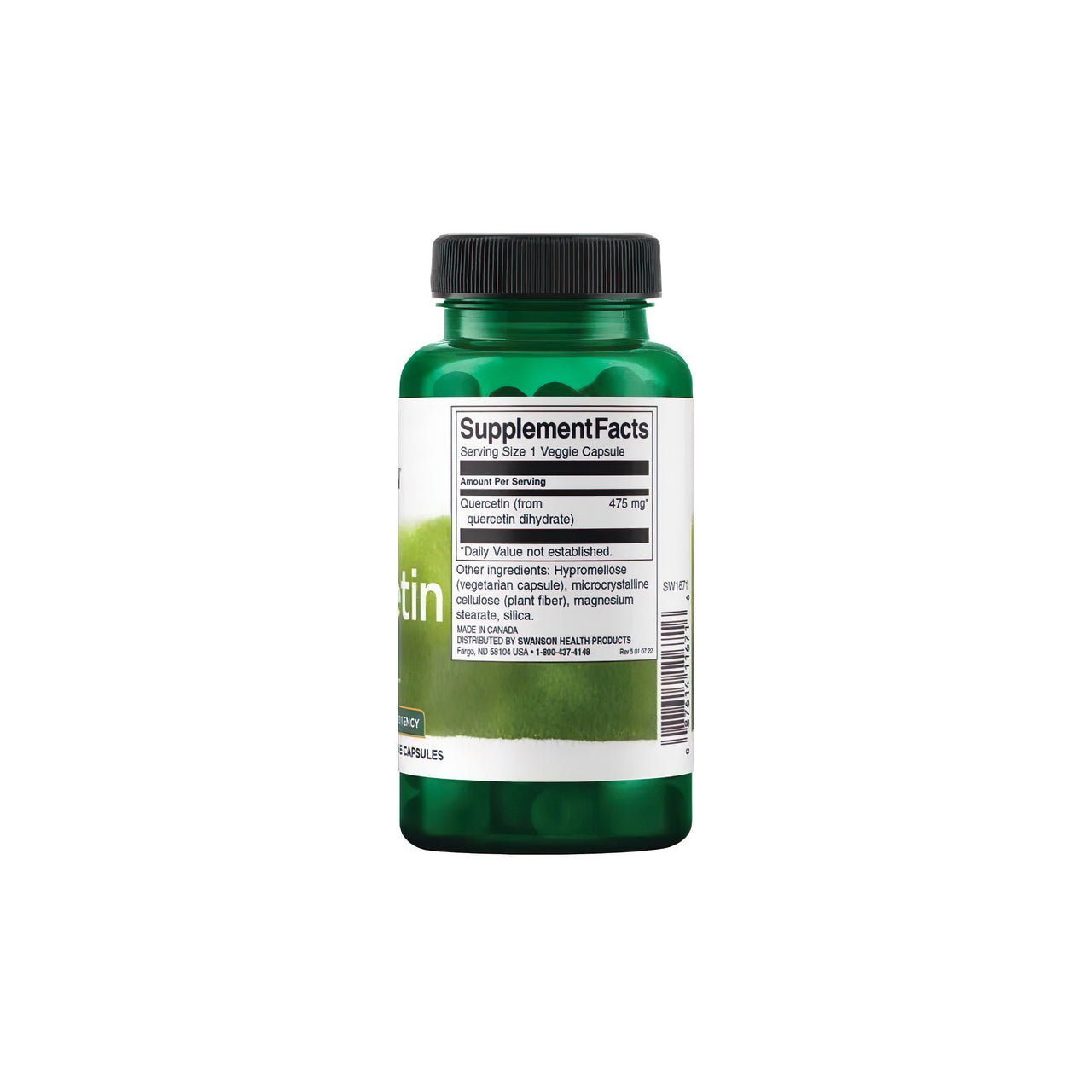 Un frasco de Quercetina rica en antioxidantes 475 mg 60 vcaps de Swanson sobre fondo blanco, que promueve los beneficios para el sistema inmunitario y los vasos sanguíneos.