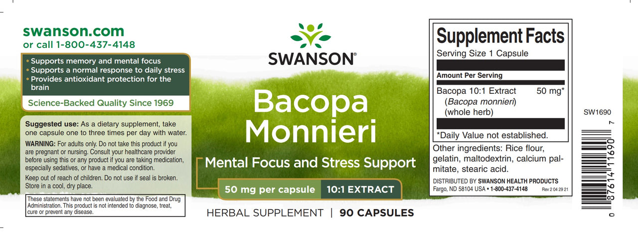 Swanson Bacopa Monnieri 10:1 Extracto - 50 mg suplemento dietético.
