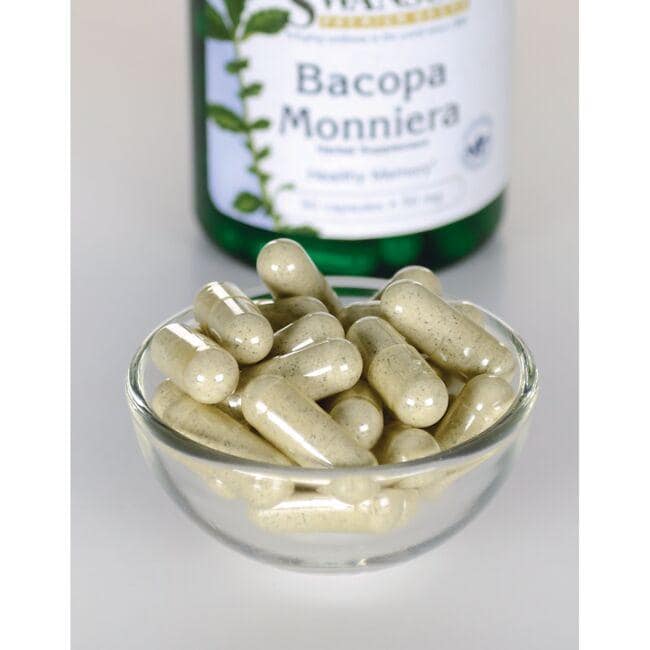 Swanson's Bacopa Monnieri suplemento dietético - 50 mg 90 cápsulas en un recipiente junto a una botella.