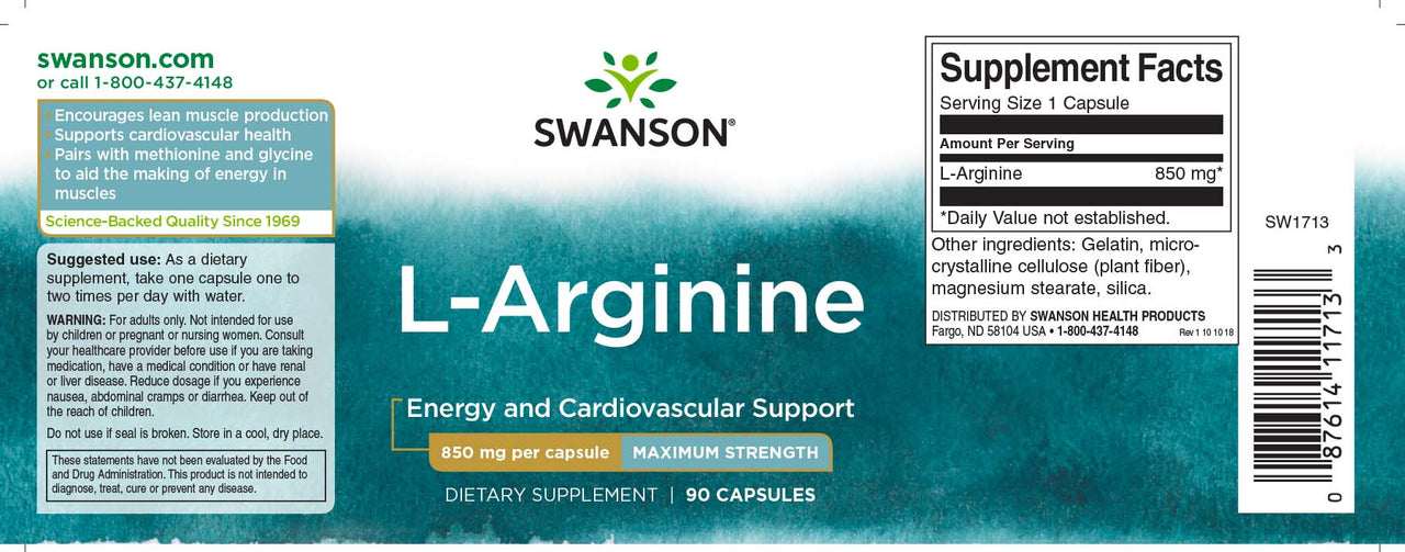 L-Arginina - 850 mg 90 cápsulas - etiqueta