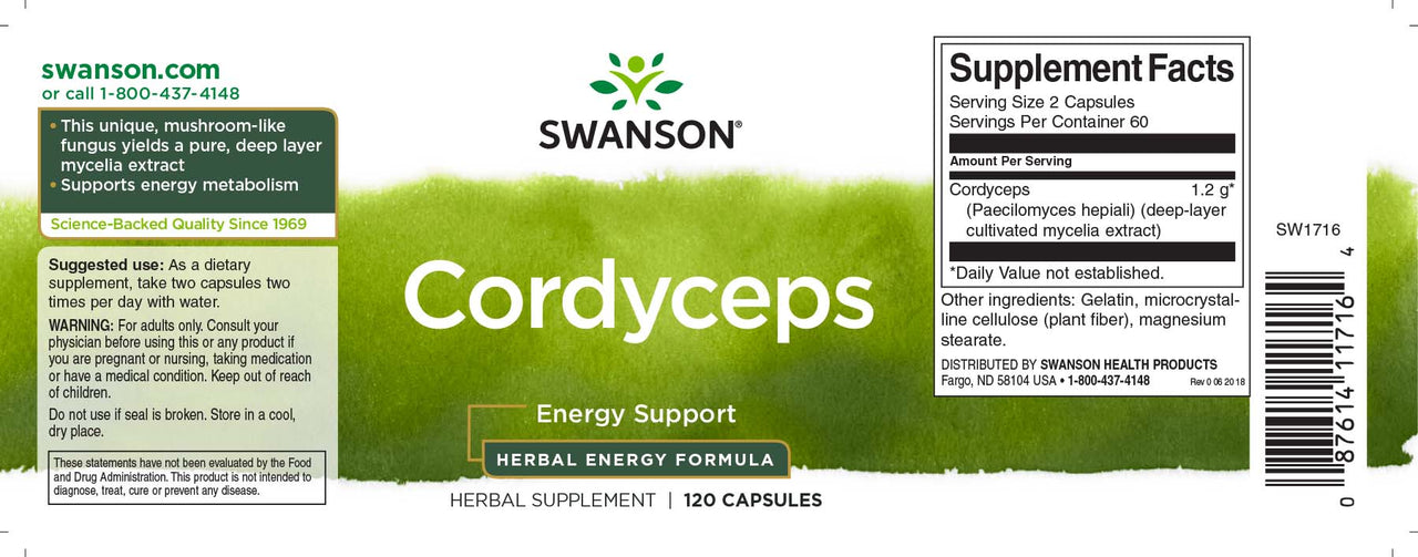 Una etiqueta para Swanson Cordyceps - 600 mg 120 cápsulas.