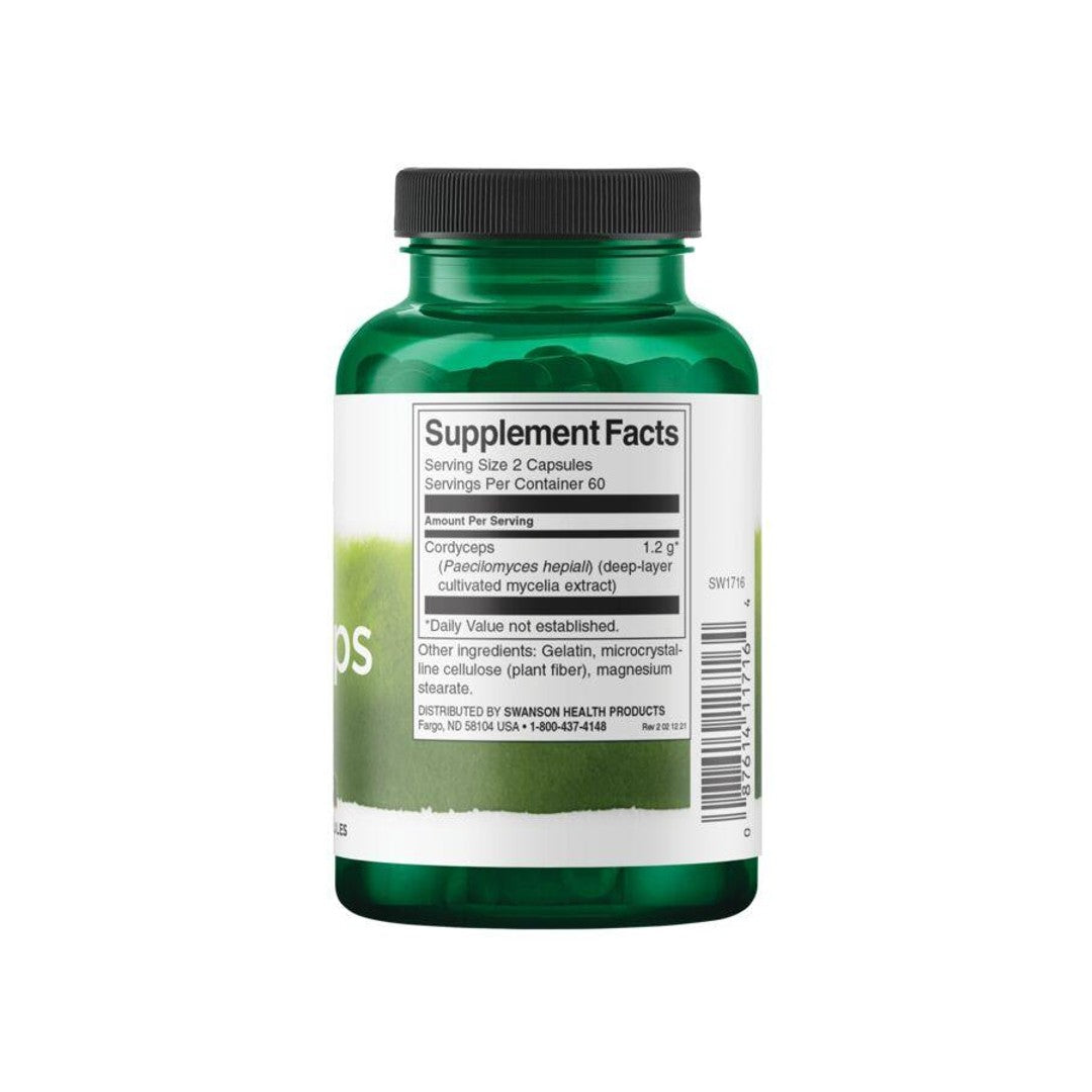 Un frasco de Swanson Cordyceps - 600 mg 120 cápsulas con etiqueta.
