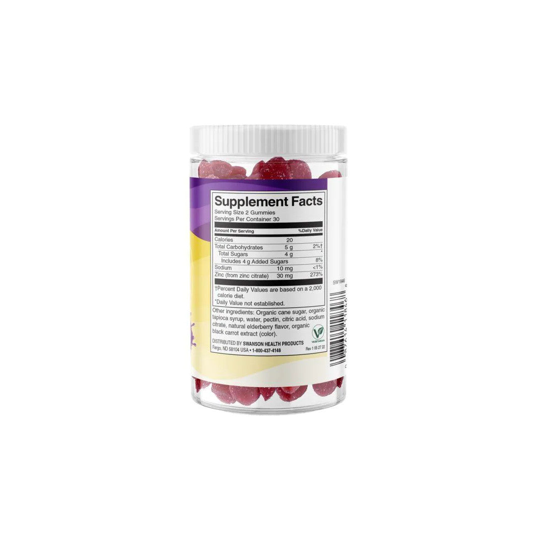 A jar of Swanson's Zinc 30 mg 60 Gummies - Elderberry on a white background.