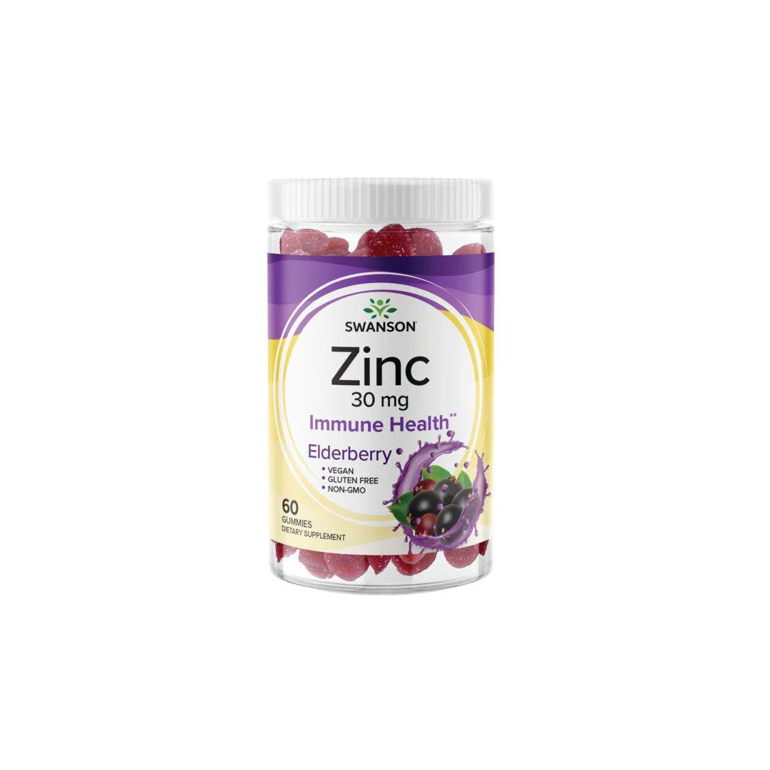 A bottle of Swanson Zinc 30 mg 60 Gummies - Elderberry for daily wellness and immune health on a white background.
