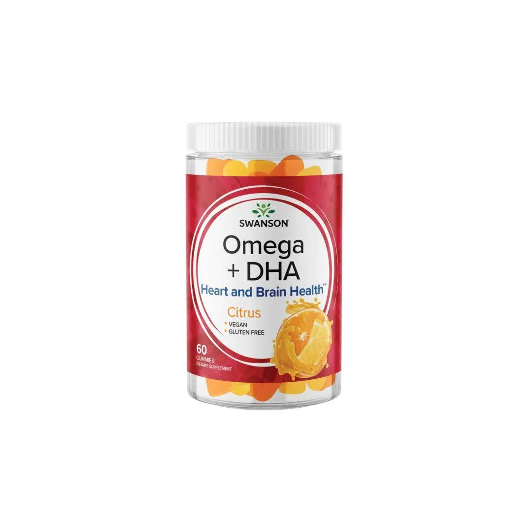 Un bote de Swanson Omega plus DHA 60 gominolas - Cítricos sobre fondo blanco, que aportan ácidos grasos esenciales para promover la salud del corazón y controlar los niveles de colesterol y triglicéridos.
