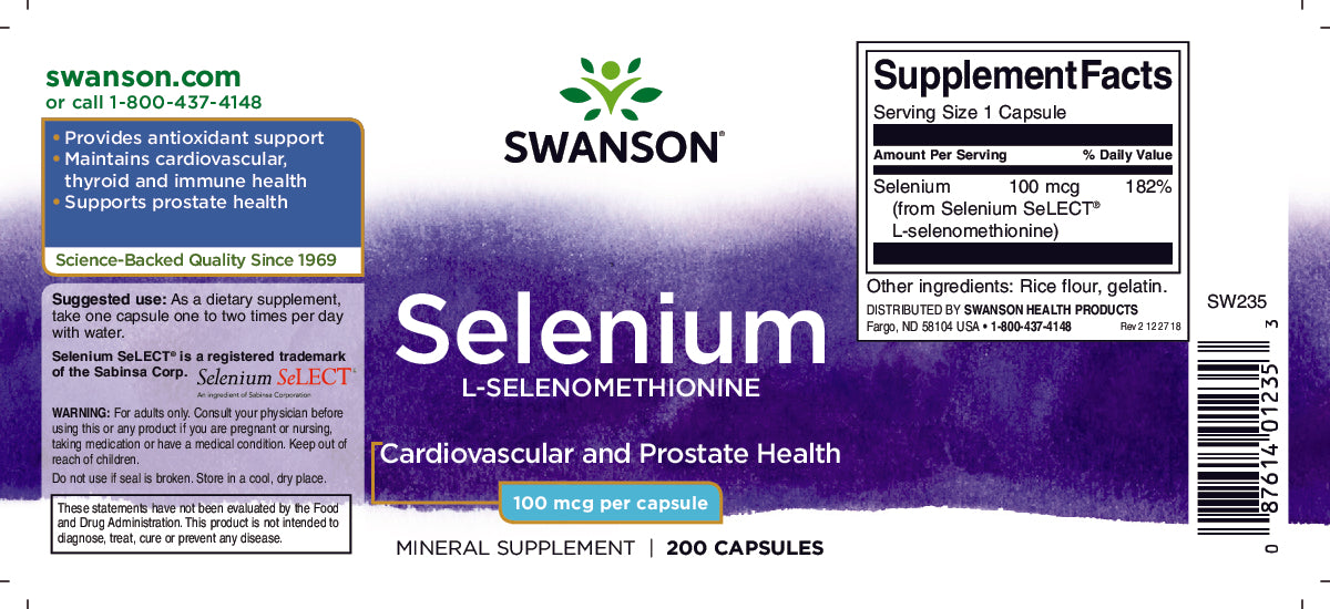 Swanson's Selenio - frasco de 100 mcg 200 cápsulas L-Selenometionina es un producto de apoyo antioxidante de alta calidad. Favorece la salud cardiovascular y proporciona excelentes beneficios para la salud de la próstata.