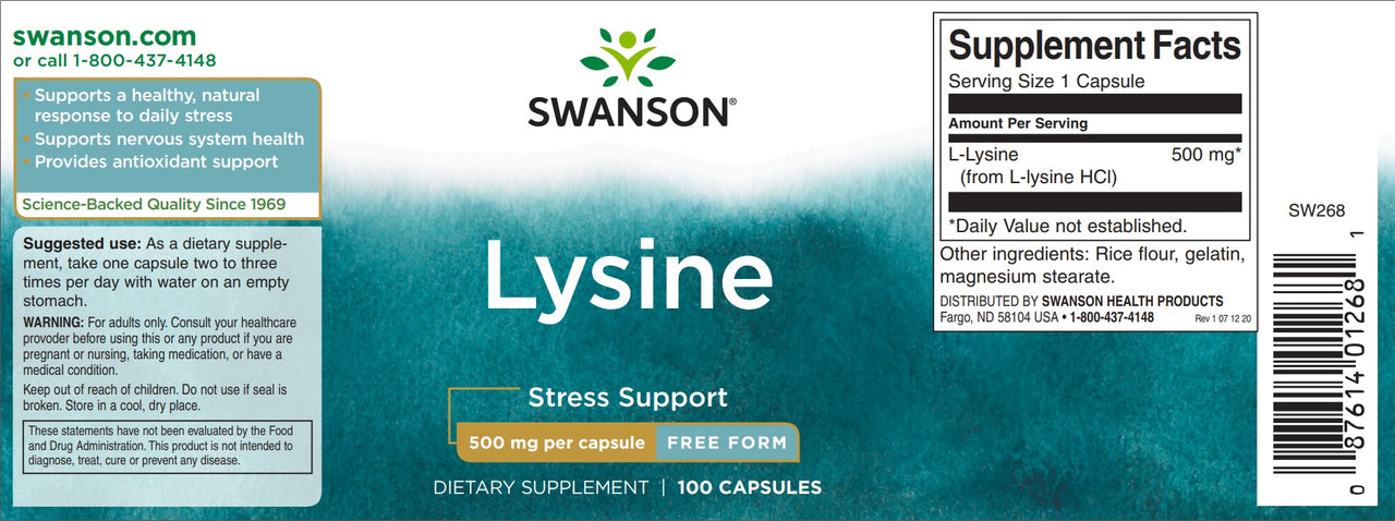 L-Lisina - 500 mg 100 cápsulas - etiqueta