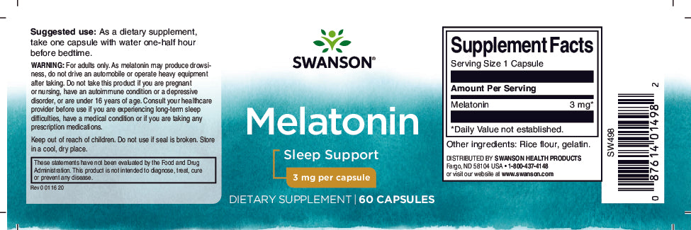 Un frasco de Swanson Melatonina - 3 mg 60 cápsulas para conciliar el sueño.