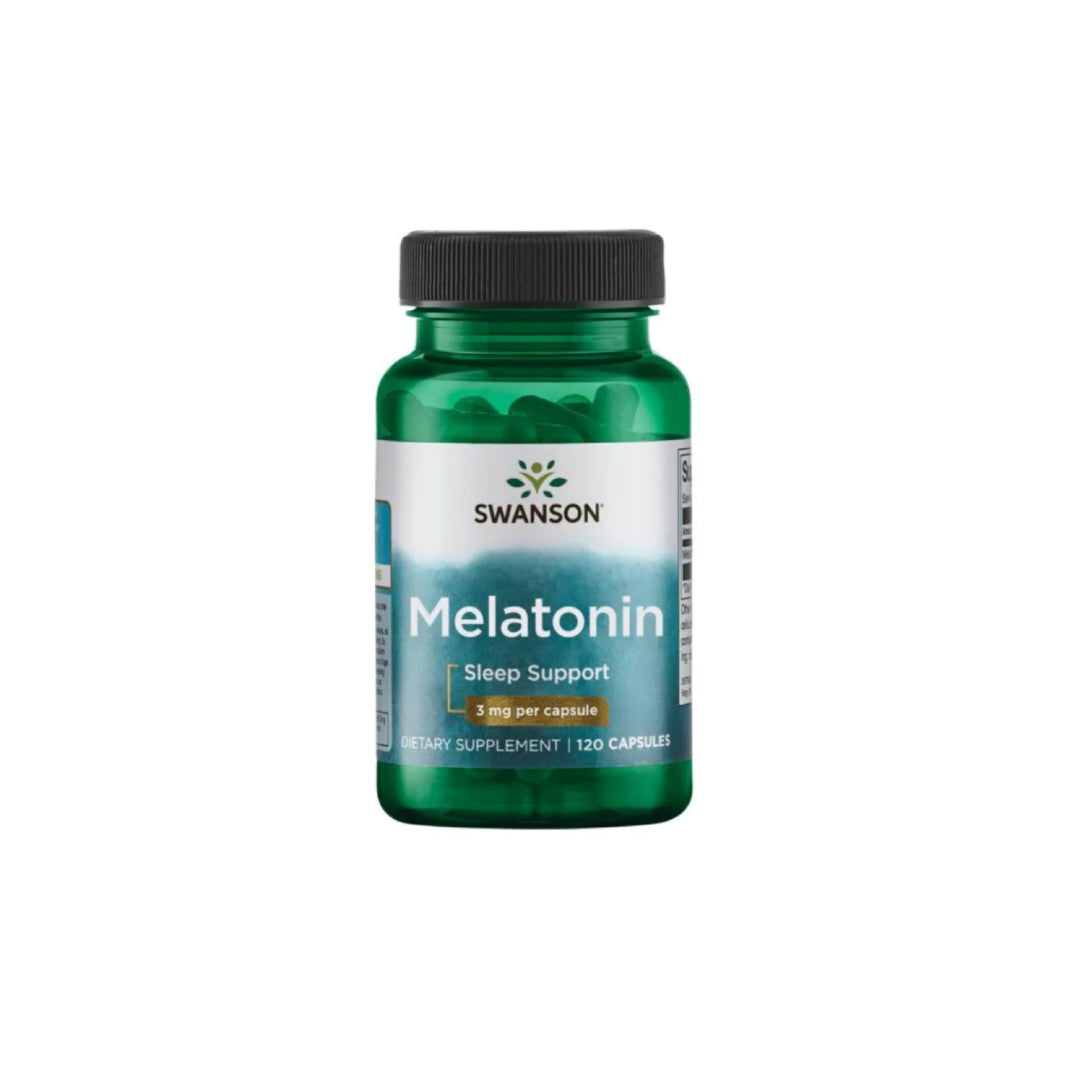 Un frasco de Swanson Melatonina - 3 mg 120 cápsulas sobre fondo blanco.