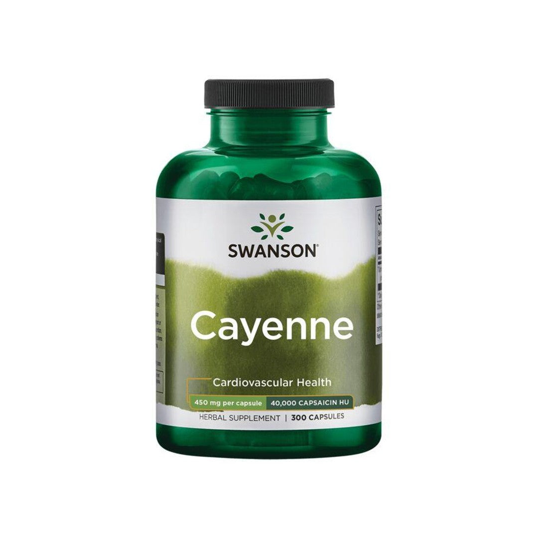 Un frasco verde Swanson con una etiqueta blanca que contiene Cayena - 450 mg 300 cápsulas.