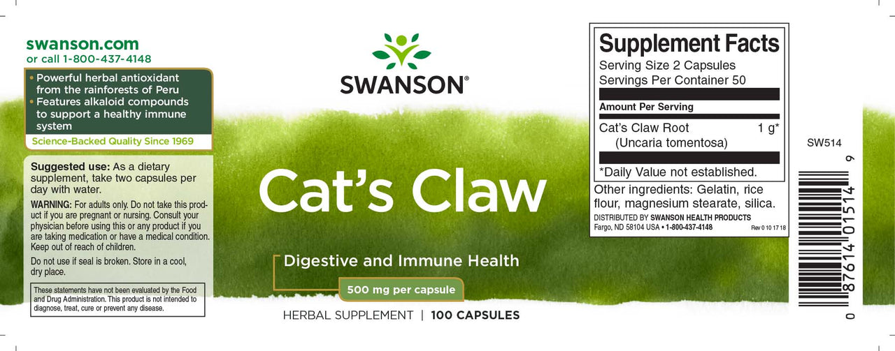 Swanson's Cats Claw - 500 mg 100 cápsulas etiqueta del suplemento.