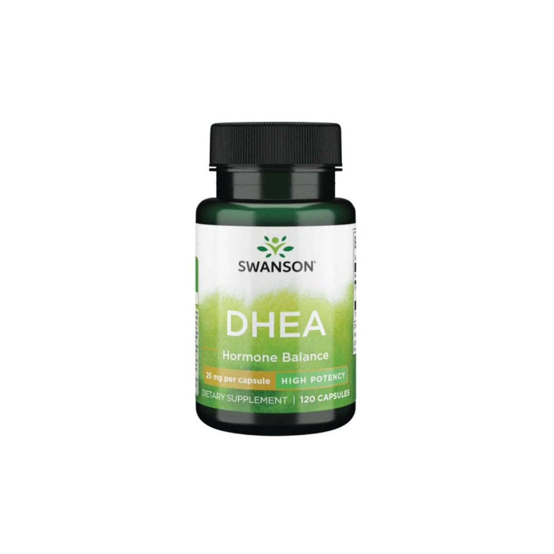 Un frasco de Swanson DHEA - Alta Potencia - 25 mg 120 cápsulas.