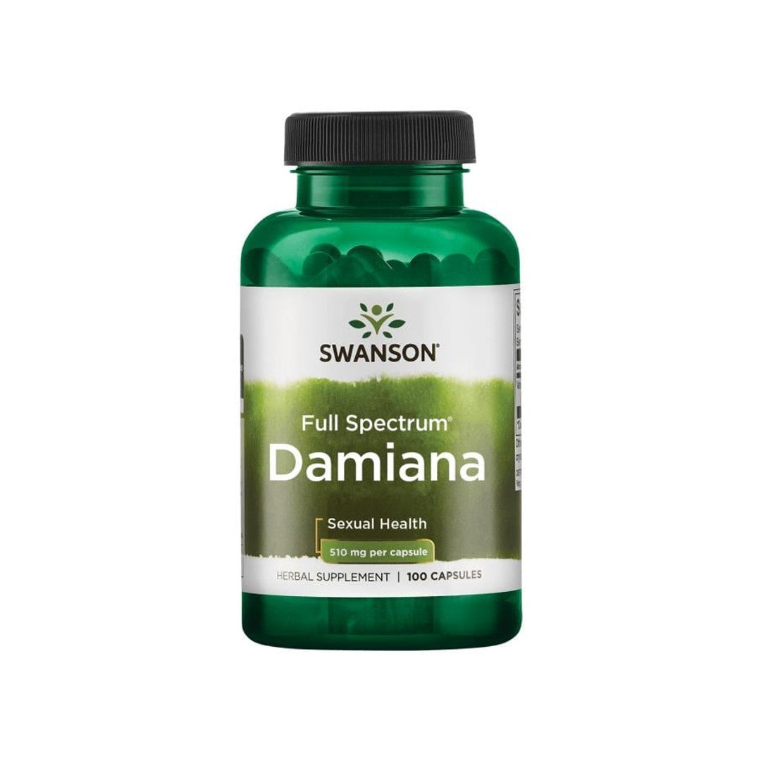 Un frasco de Swanson's Damiana - 510 mg 100 cápsulas.