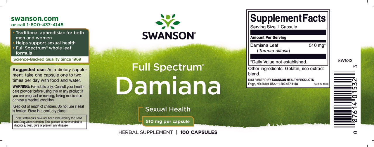 Etiqueta de Swanson's Damiana - 510 mg 100 cápsulas.