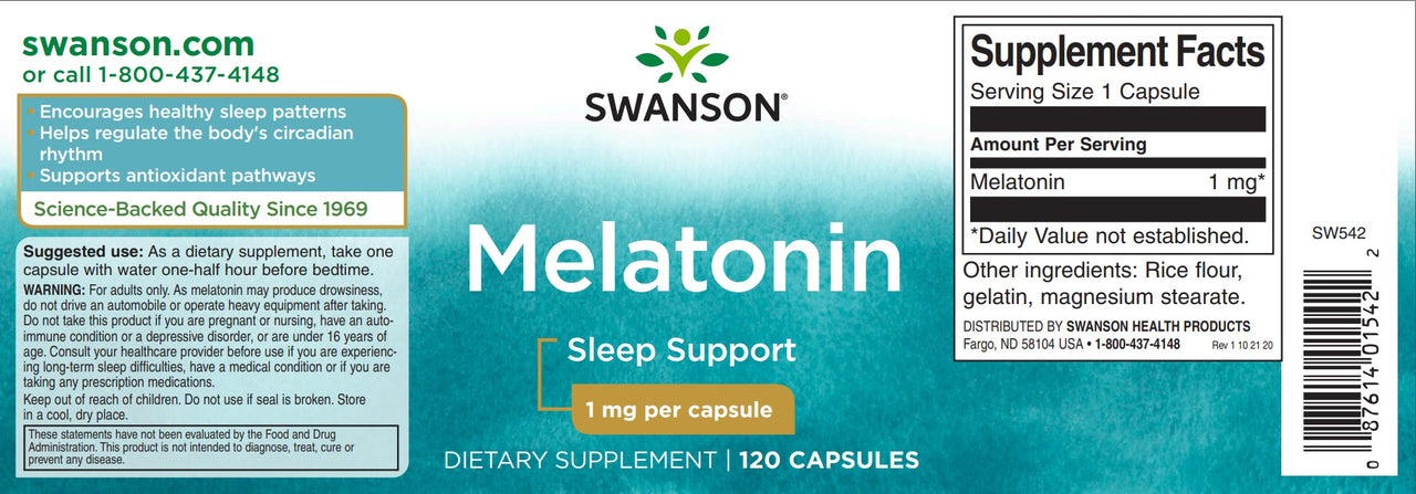La etiqueta de Swanson Melatonina - 1 mg 120 cápsulas.