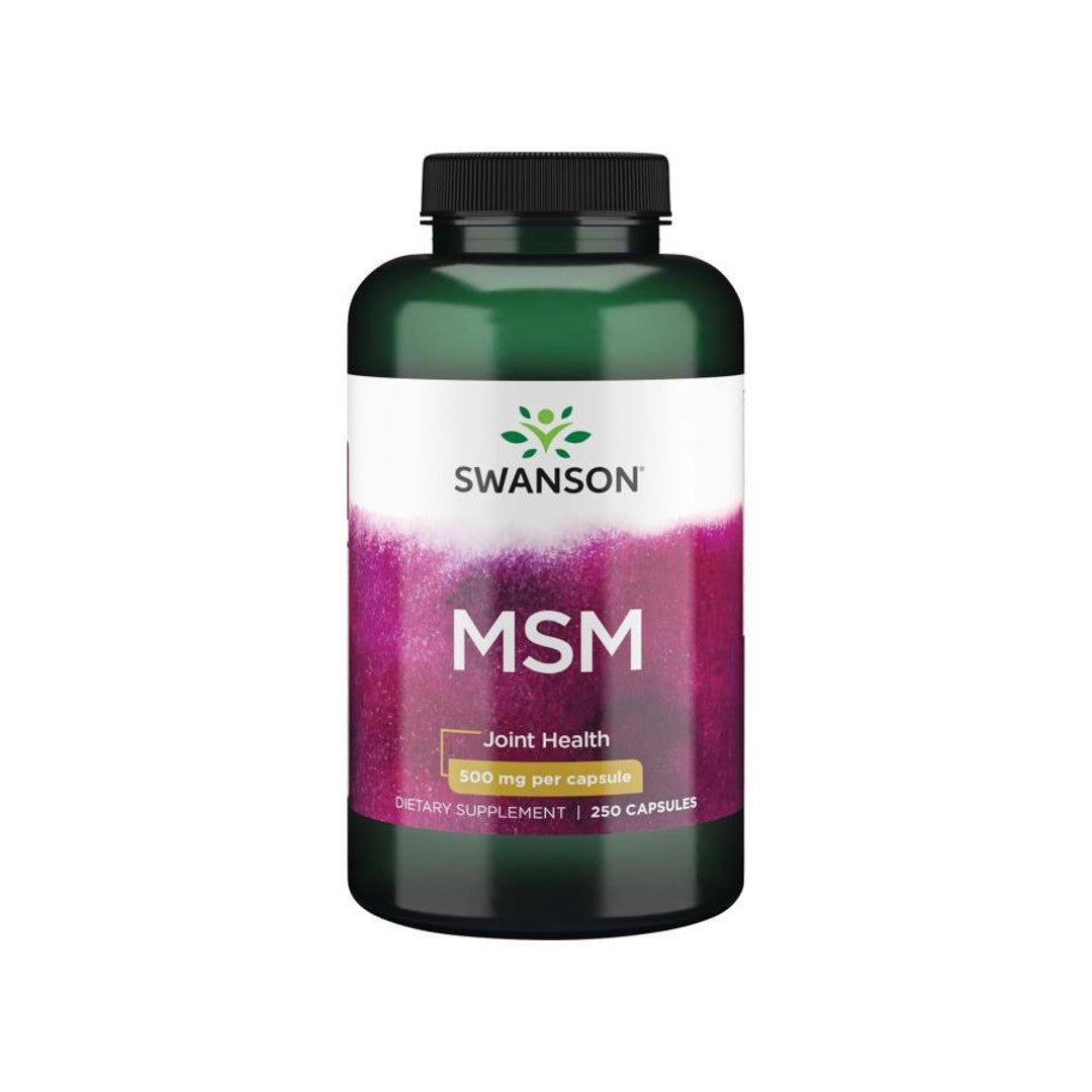 Un frasco de Swanson MSM - 500 mg 250 comprimidos sobre fondo blanco, que favorece la salud de las articulaciones y del cabello y la piel.
