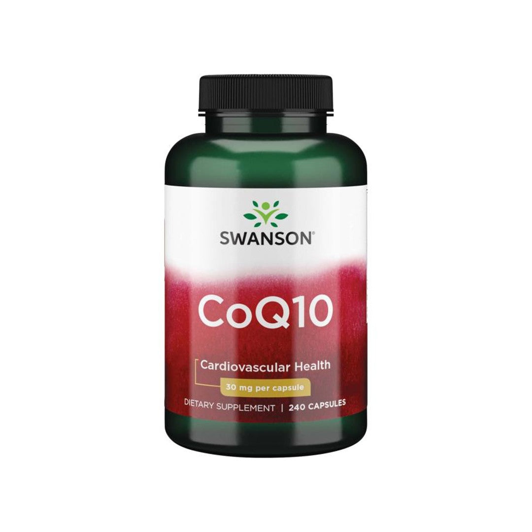 Un frasco de Swanson Coenzima Q10 - 30 mg 240 cápsulas.