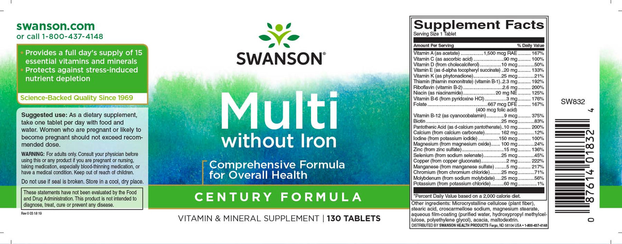 La etiqueta de Swanson Multi sin hierro - 130 pastillas proporciona minerales y vitaminas esenciales para cubrir las carencias nutricionales.