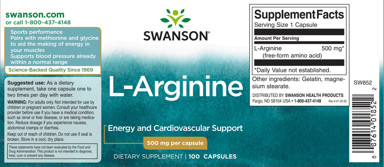 L-Arginina - 500 mg 100 cápsulas - etiqueta