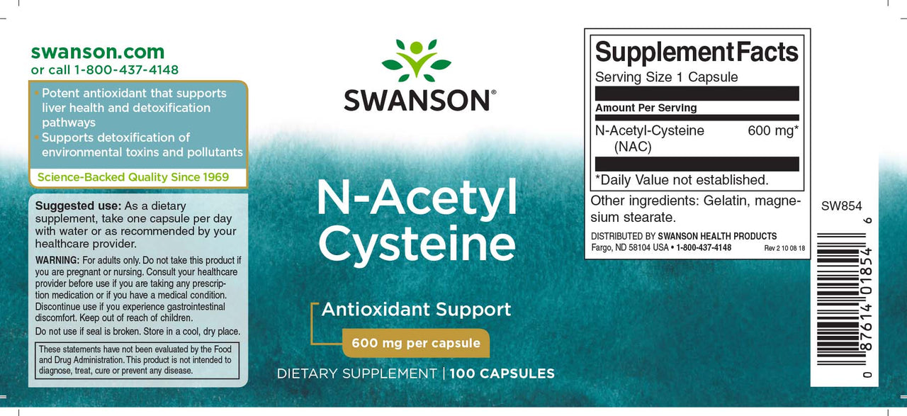 Swanson El suplemento N-acetilcisteína - 600 mg 100 cápsulas es un antioxidante que favorece la salud del hígado y ayuda a la desintoxicación.