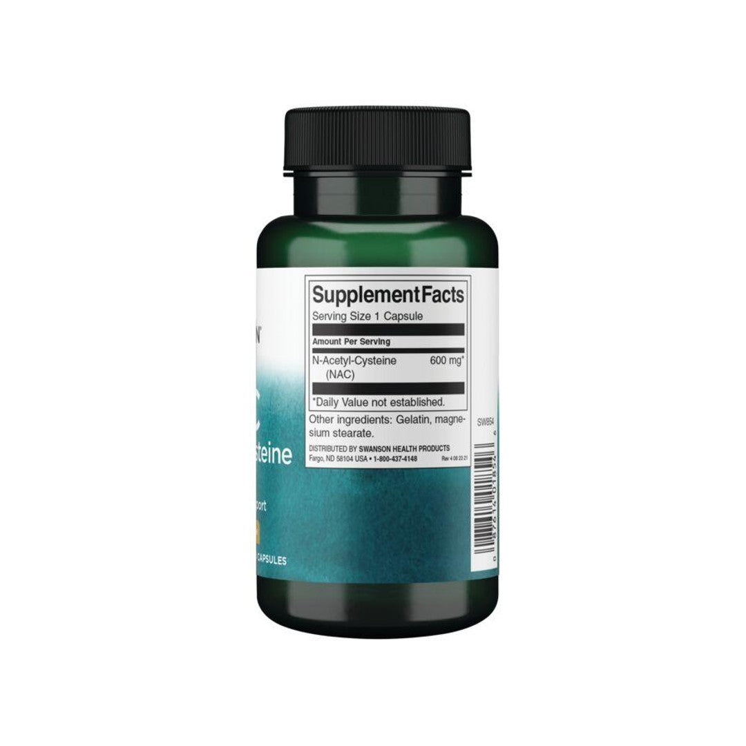 Una botella de N-Acetil Cisteína con etiqueta verde, conocida por sus propiedades antioxidantes.