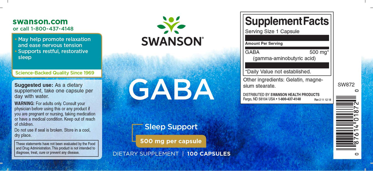 Swanson Etiqueta del suplemento GABA - 500 mg 100 cápsulas.