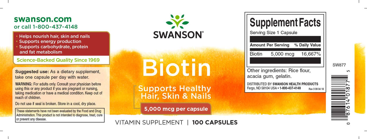 Swanson Biotina - 5 mg 100 cápsulas suplemento dietético etiqueta.