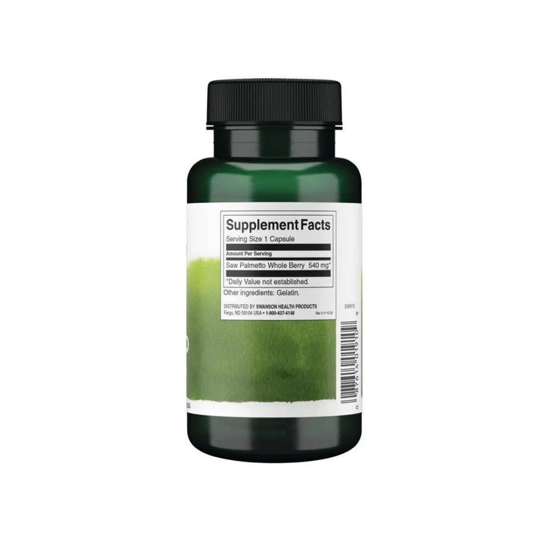 Un frasco de Saw Palmetto - 540 mg 100 cápsulas de Swanson con apoyo para la próstata sobre fondo blanco.