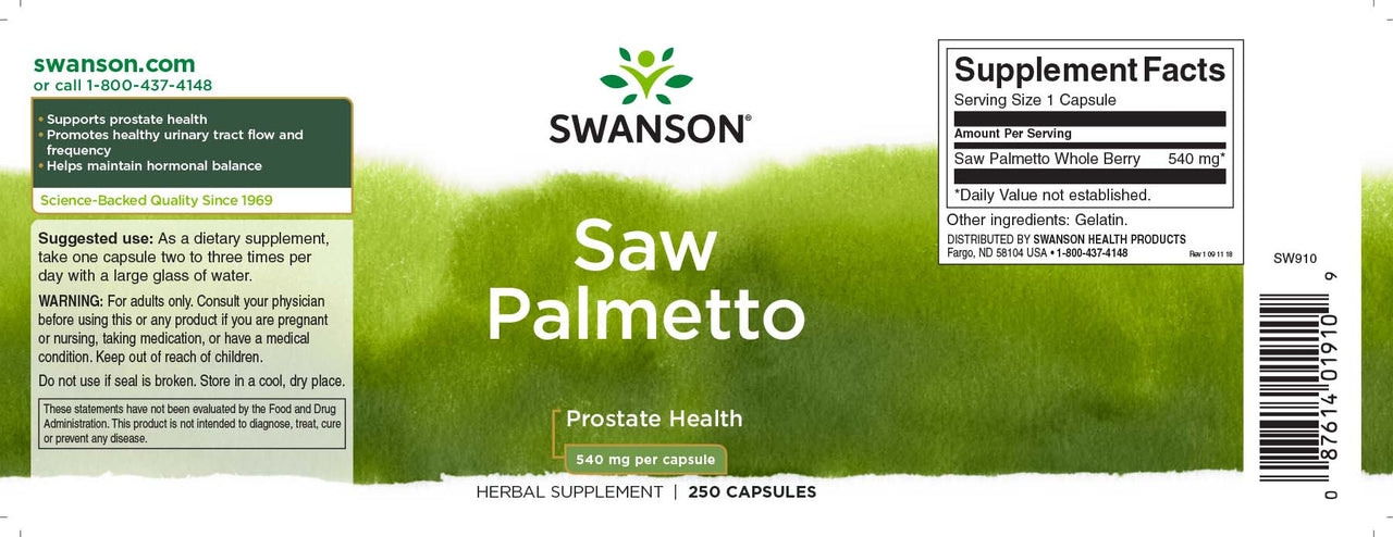Swanson Saw Palmetto - 540 mg 250 cápsulas suplemento promueve la salud de la próstata y favorece el flujo del tracto urinario.