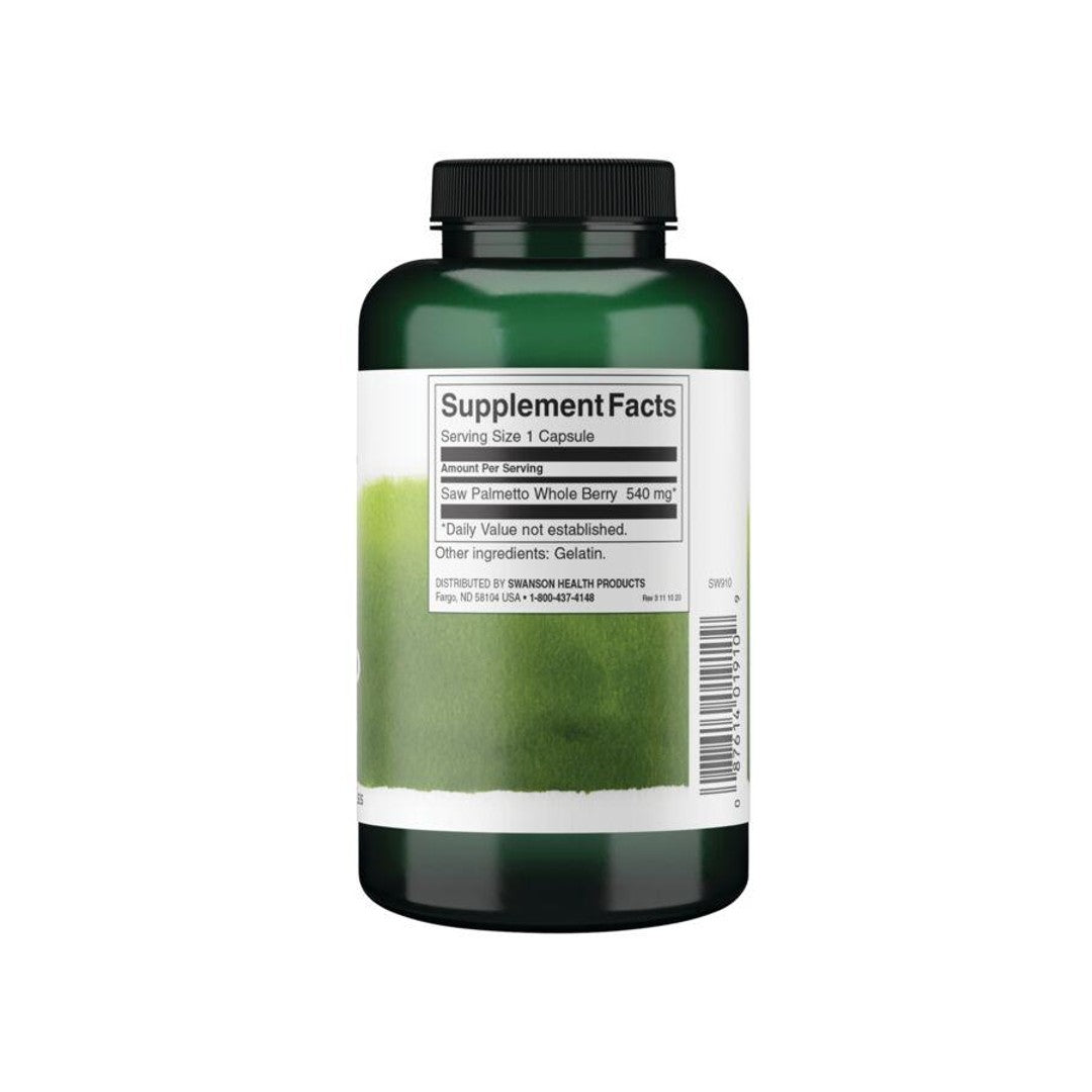 Un frasco de suplemento de té verde con Swanson Saw Palmetto - 540 mg 250 cápsulas para la salud de la próstata y la mejora del flujo urinario sobre fondo blanco.
