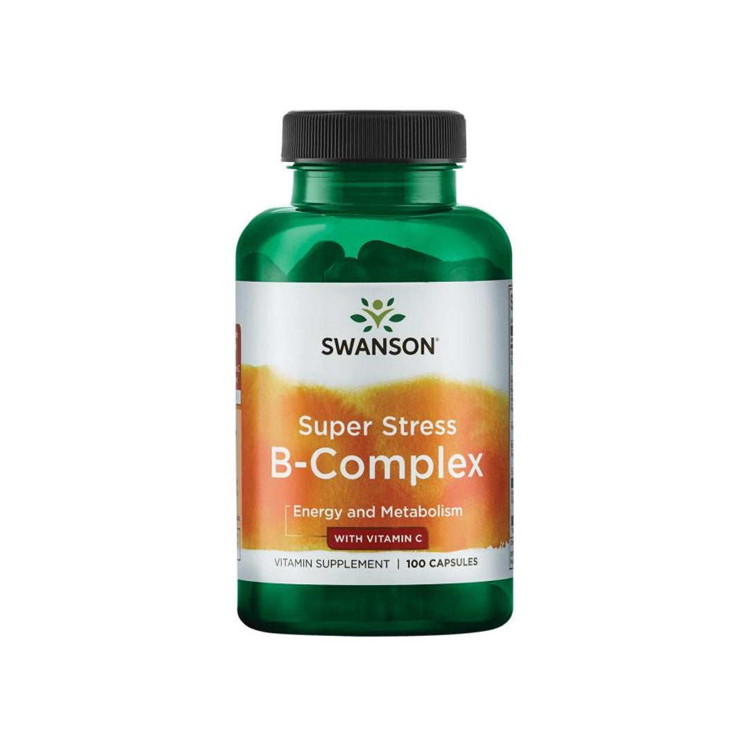 Un frasco de Swanson B-Complex with Vitamin C - 500 mg 100 cápsulas super stress b complex.