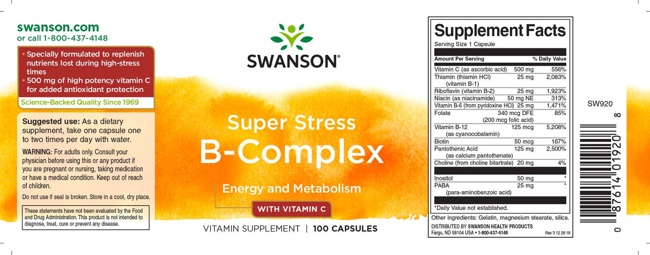 Swanson Etiqueta del complejo B con vitamina C - 500 mg 100 cápsulas.