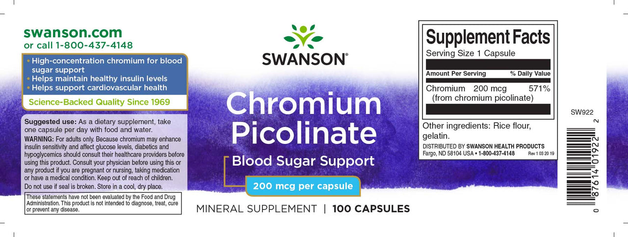 Una etiqueta con Swanson Picolinato de cromo - 200 mcg 100 cápsulas.