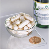 Miniatura de Swanson's Chromium Picolinate - 200 mcg 100 capsules in a bowl next to a penny.