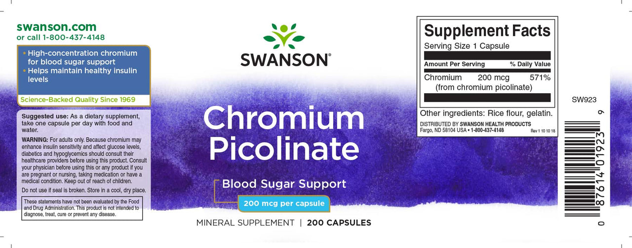 Un frasco de Swanson Picolinato de cromo - 200 mcg 200 cápsulas.