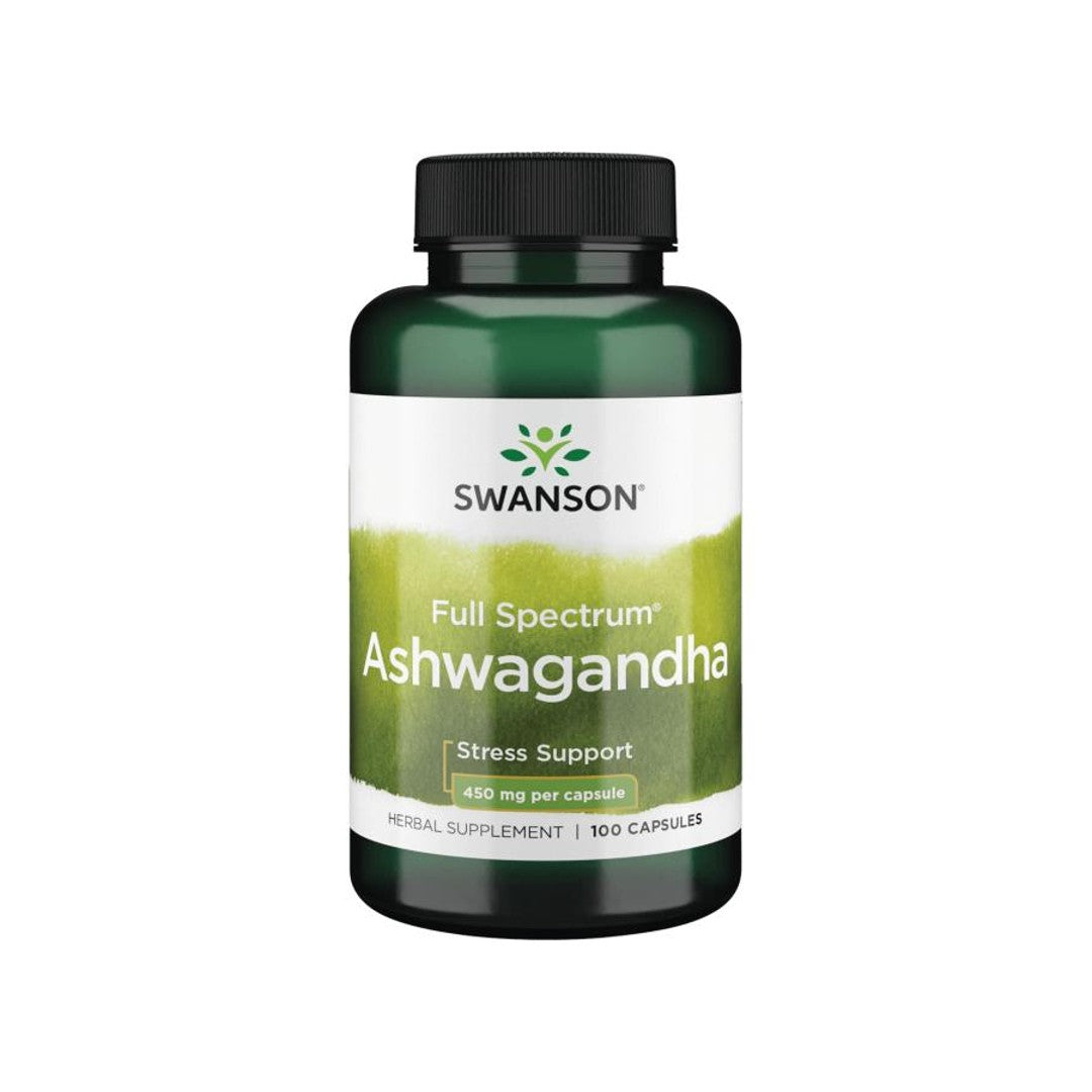 Un frasco de Swanson's Ashwagandha - 450 mg 100 cápsulas de suplemento.