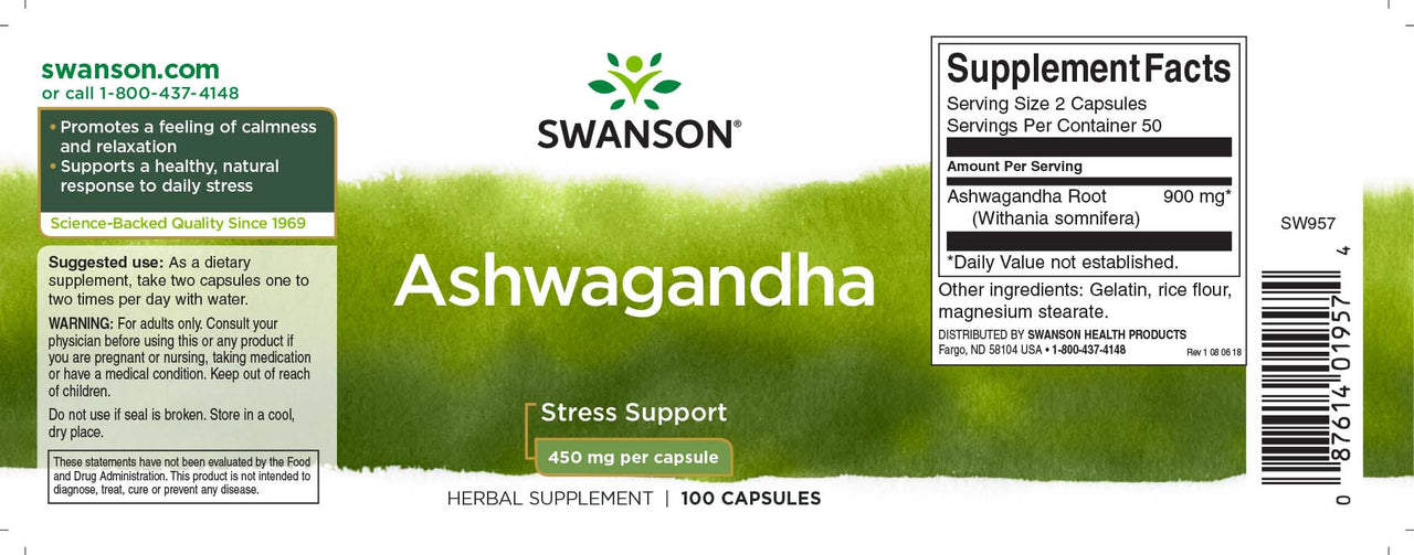 Etiqueta de Swanson Ashwagandha - 450 mg 100 cápsulas.