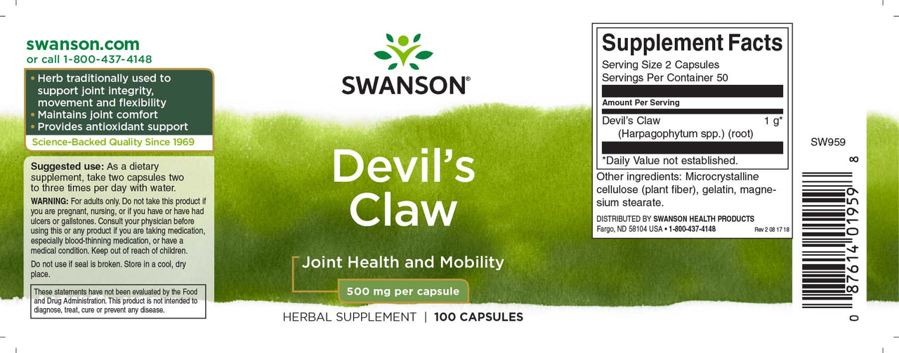 La etiqueta de Swanson's Devils Claw - 500 mg 100 cápsulas.