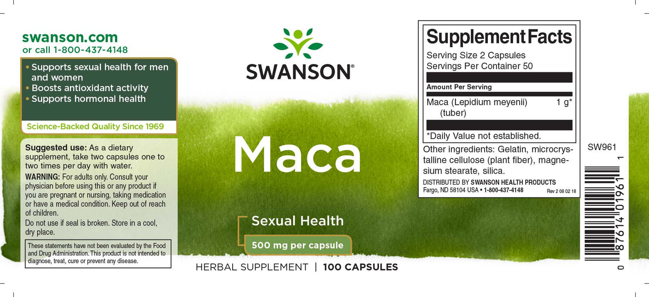 La etiqueta de Swanson Maca - 500 mg 100 cápsulas.