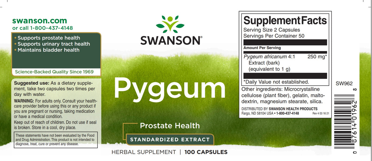 Etiqueta de Swanson Pygeum - 500 mg 100 cápsulas, favorece la salud de la próstata y las vías urinarias.