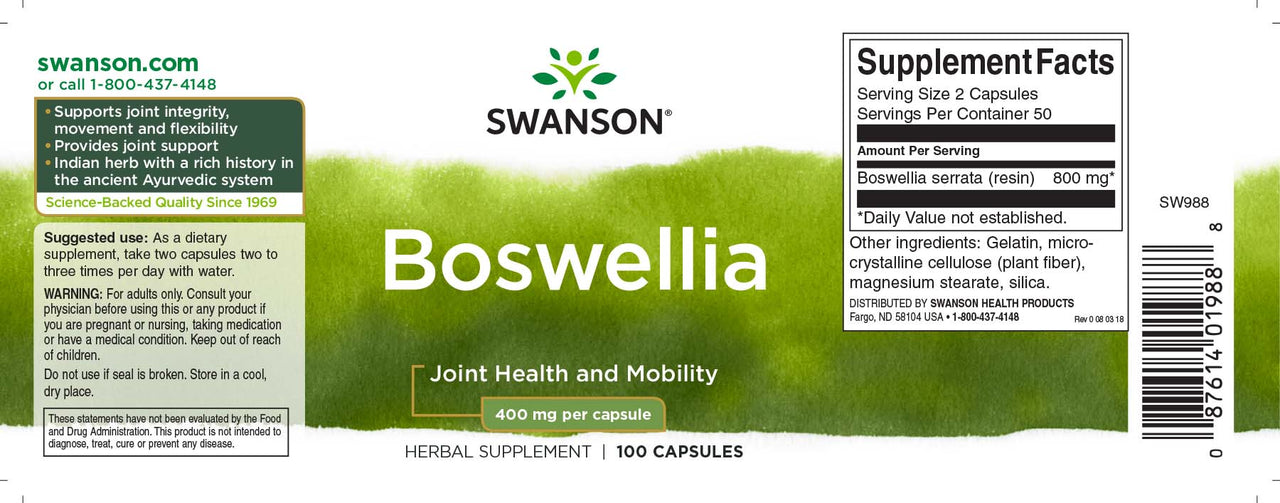 La etiqueta del suplemento dietético Boswellia - 400 mg 100 cápsulas de Swanson.