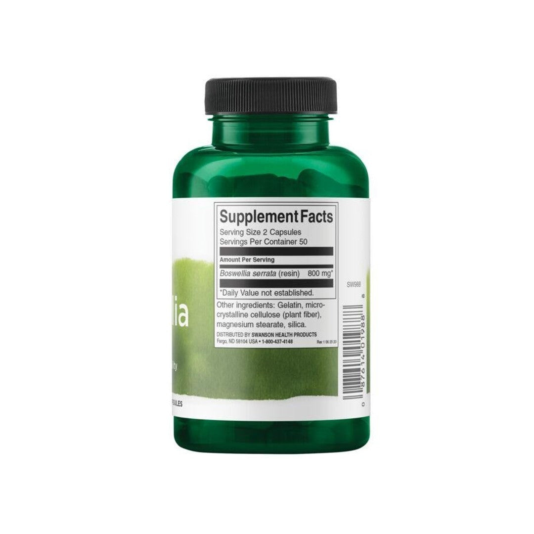 Un frasco de suplemento dietético de Swanson Boswellia - 400 mg 100 cápsulas sobre fondo blanco.