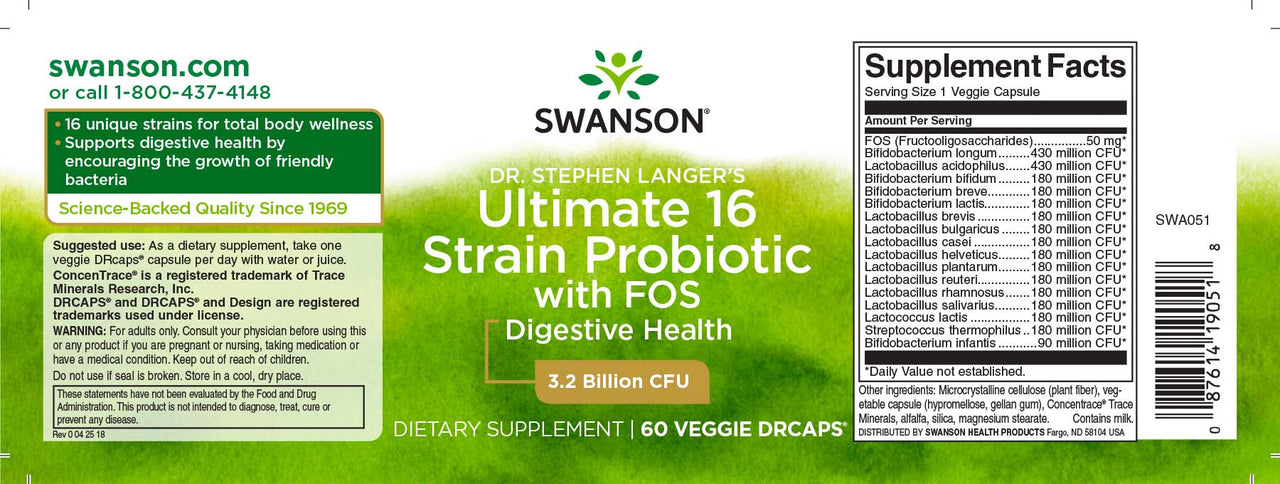 Swanson Dr. Stephen Langer 16 Strain Probiotic with FOS - 60 cápsulas vegetales.